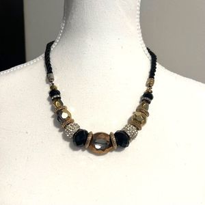 Black Rope Cord Faceted Rhinestone Beads 19 Inch Necklace
